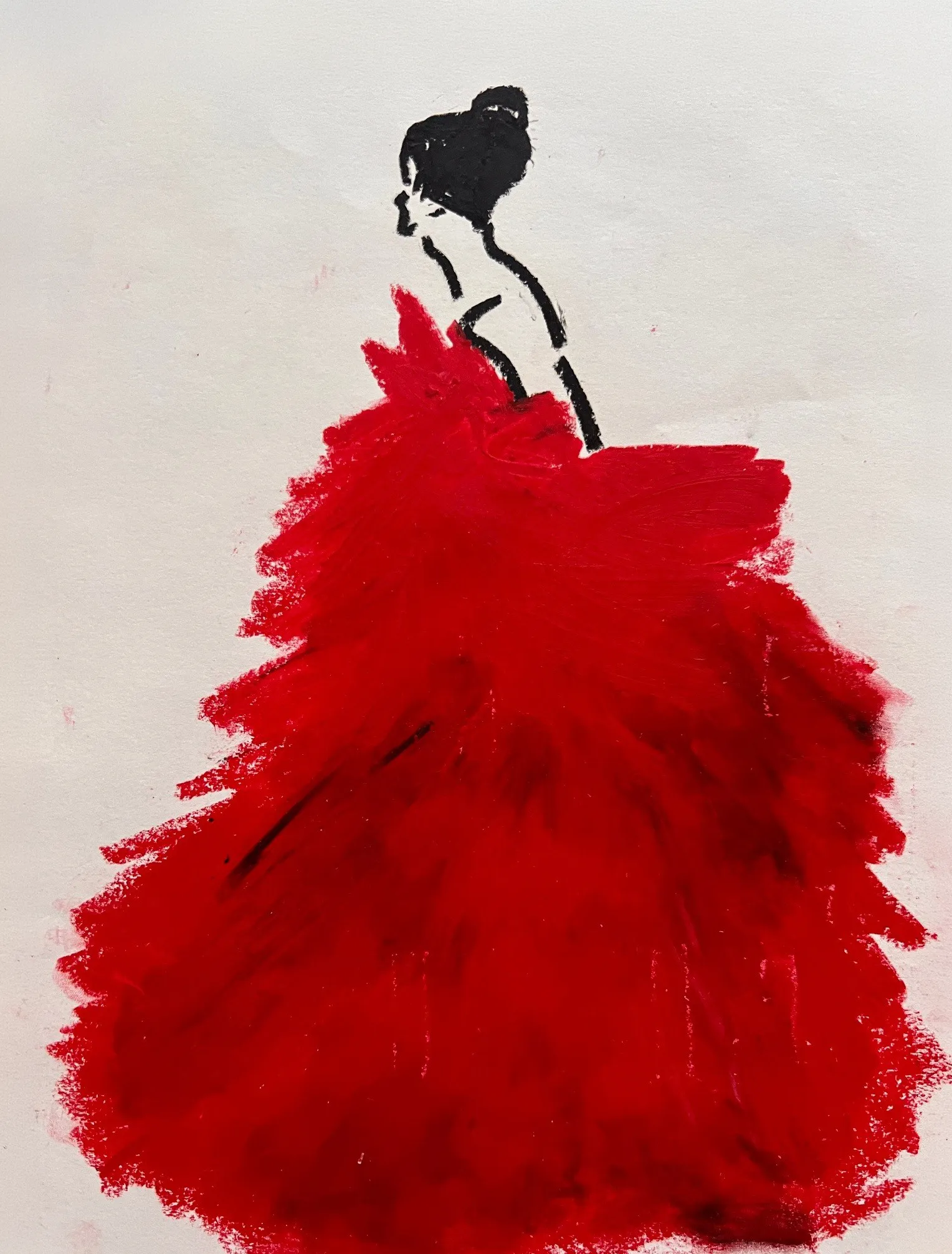 Das Bild zeigt ein Kunstwerk von Romy Schwingenschuh: Frau mit rotem Ballkleid